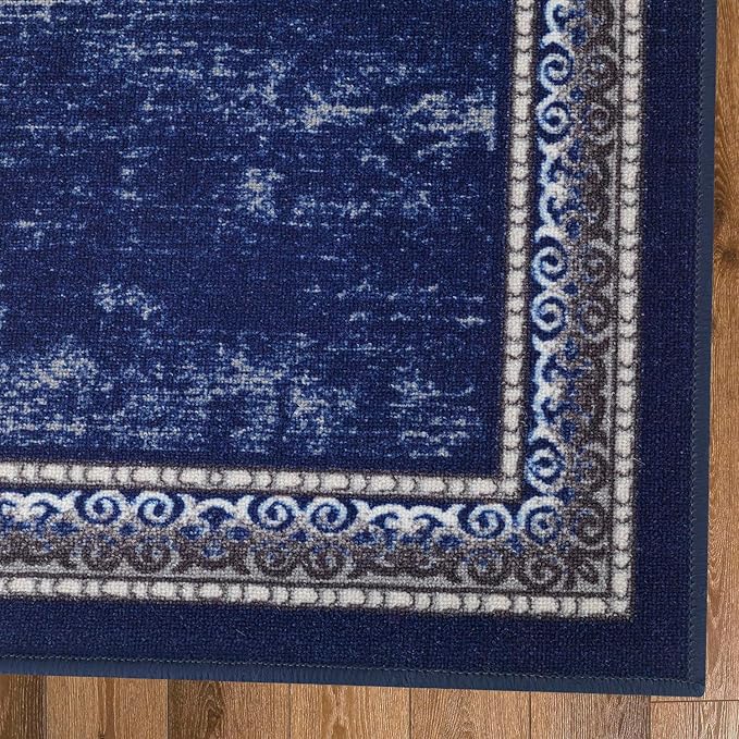 Antep Rugs Alfombras Bordered Modern 2x5 Non-Slip (Non-Skid) Low Pile Rubber Backing Kitchen Area Runner Rug (Navy, 2' x 5')