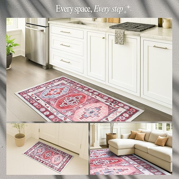 Fame Rugs Turkish Rug. Washable Vintage Oriental Antique Inspired Traditional Doormat Small Modern Area Rugs Luxury Entryway Entry Bedroom Bathroom Kitchen (378RR, 2'5 x 9'8)