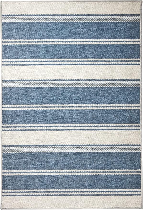 Dash & Albert Bowman Stripe Blue Machine Washable Rug, 6 X 9 Feet, Blue Stripe Pattern