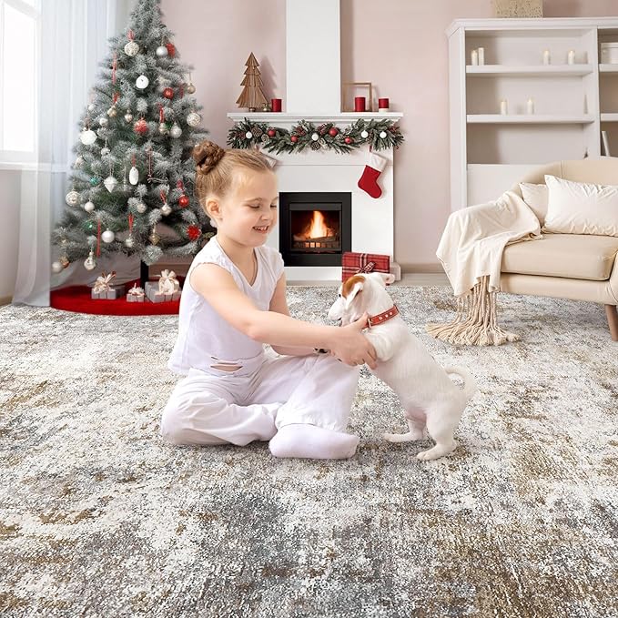 8x10 Area Rug Living Room Rugs - Washable Neutral Modern Abstract Soft Thin Large Rug Indoor Floor No Slip Rug Carpet for Bedroom Under Dining Table Home Office Decor - Brown Grey