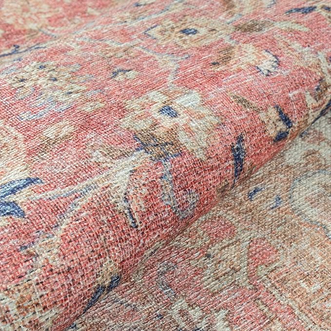 GLN Rugs Traditional Collection - Machine Washable Area Rug, Traditional Washable, Non Slip, Low Pile Chenille Rug, Living Room, Bedroom, Kitchen Rug (3' x 5' Pink/Cream)