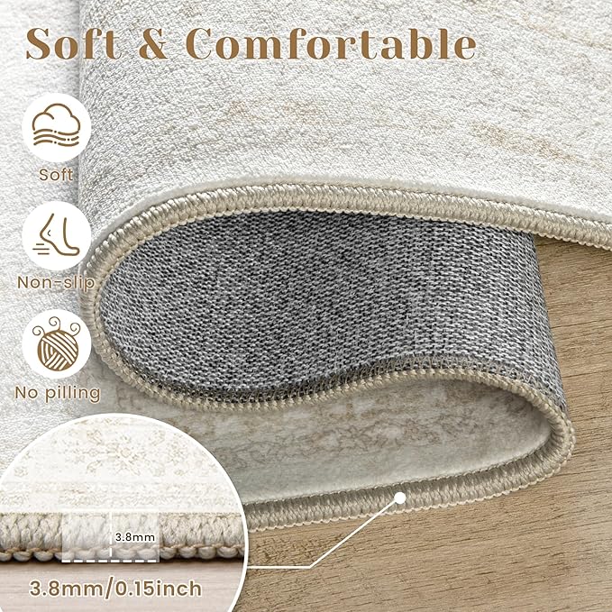 Bedroom Rug Washable Large Area Rugs Foldable Low Pile Print Non Slip Boho Patterned Rugs for Bedroom Living Room Dining Home Office (Floral Beige, 5'x7')