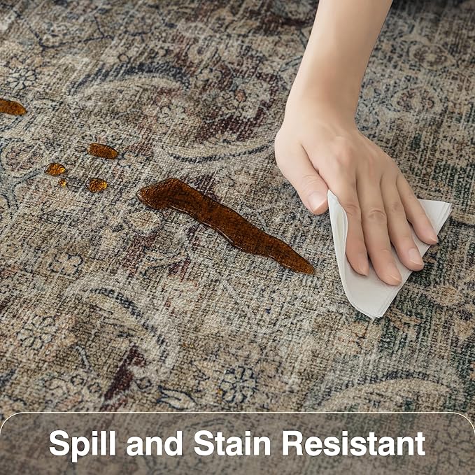 Fmfunctex 2x6 Runner Rug Brown Vintage Neutral Washable Distressed Non Slip Low Pile Indoor Carpet Soft Retro Hallway Entryway Rug for Kitchen Living Room Bedroom Bathroom Laundry Entry Bedside, Multi