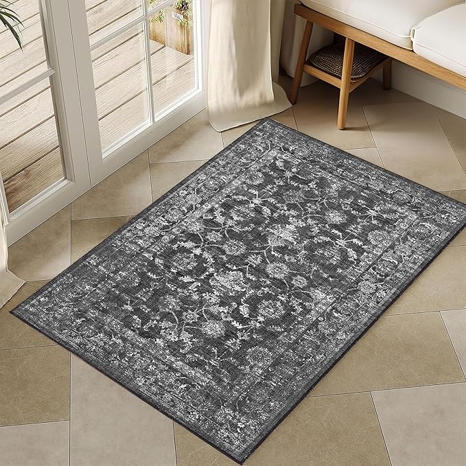 Washable Area Rug 2x3 Black Rugs for Living Room, Vintage Boho Rug for Bedroom Dining Room Office, Distressed Floral Print Carpet for Under Table, Soft Non Slip Low Pile Throw Carpet Indoor Mat