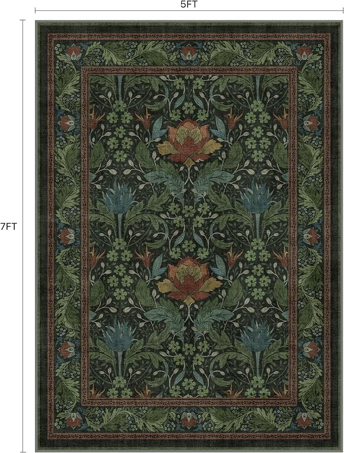 Bavni 5x7 Area Rugs for Living Room, Microfiber Machine Washable Non-Slip Vintage Floral Rug, Low Pile Lightweight Carpet for Bedroom, Dining Room, Home Office, Dark Green