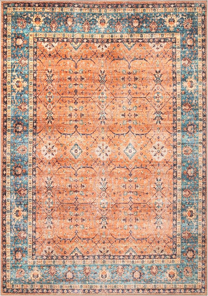 Bloom Rugs Washable Non-Slip 8' x 10' Rug - Orange/Teal Blue Traditional Bordered Area Rug for Living Room, Bedroom, Dining Room, and Kitchen - Exact Size: 8' x 10'