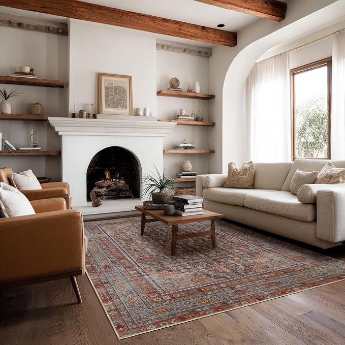 Kuden 4x6 Area Rug, Machine Washable Area Rug with Non-Slip Backing, Vintage Style, Soft, Easy Clean, Low Pile Rug for Living Room, Bedroom, Dining Room