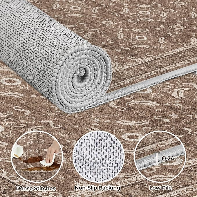 WITSHOCK Washable 2x3 Entryway Area Rug: Soft Non-Slip Backing Washable Rugs Vintage Flower Boho Accent Small Rugs for Bedroom, Kitchen, Bathroom, Nursery Entrance,Dark Brown