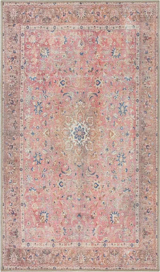 GLN Rugs Traditional Collection - Machine Washable Area Rug, Traditional Washable, Non Slip, Low Pile Chenille Rug, Living Room, Bedroom, Kitchen Rug (2'6" x 7' Pink/Cream)