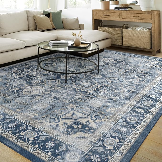 RUGGABLE Washable Area Rug – Kamran Admiral Blue 8x10, Stain-Resistant, Non-Slip – Large Machine Washable Rugs for Living Room, Bedroom, Hallway, Entryway & Office–with Cushioned Pad