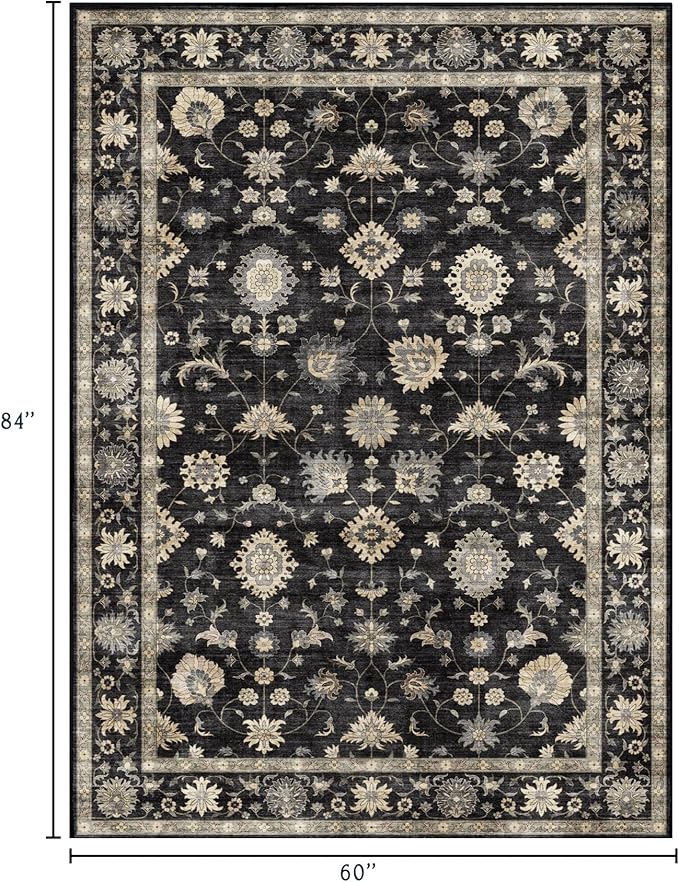 Washable Area Rug 5x7 - Traditional Floral Living Room Rug Soft Boho Farmhouse Bedroom Rug Ultra-Thin Charcoal Black Vintage Dining Room Rugs for Under Table Indoor Carpet for Living Room