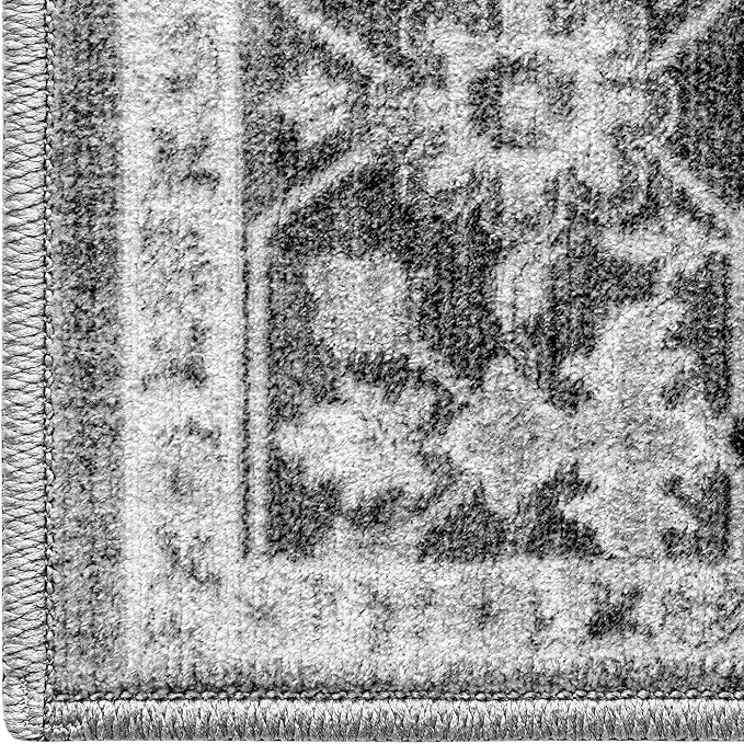 DEXI 9x12 Area Rug for Living Room, Washable Vintage Farmhouse Thin Rug Indoor Floor, Non Slip Stain Resistant Low Pile Carpet for Dining Room Bedroom Office, White Grey