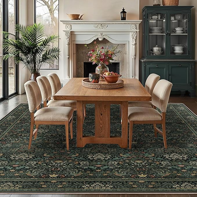 8x10 Floral Washable Area Rug for Living Room, Vintage Boho Rug for Bedroom Dining Room， Distressed Botanical Birds Non Slip Low Pile Forest Animal Throw Carpet for Farmhouse Office, Dark Green