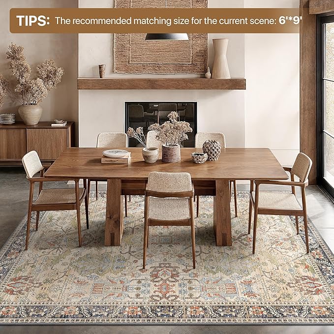 Bavni 6x9 Area Rugs Boho Washable Rugs for Living Room Non-Slip, Ultra Thin Low Pile Vintage Rug for Bedroom Dinning Room Office, Modern Farmhouse, Ivory/Teal