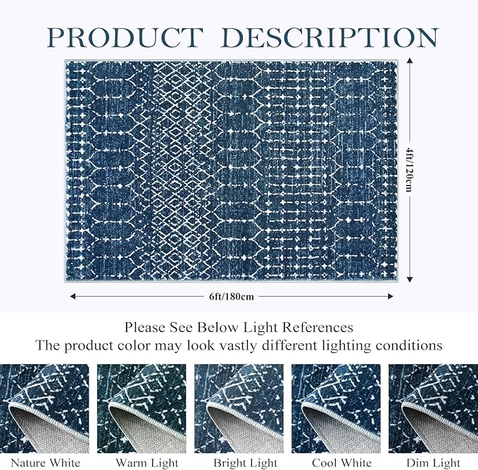 Lahome Moroccan Blue Carpet for Living Room 4x6 Area Rug Non-Slip Ultra-Thin Soft Bedroom Rug Stain Resistant Modern Carpet with Geometric Print, Suitable for Office, Kitchen, Entryway, Dining Room