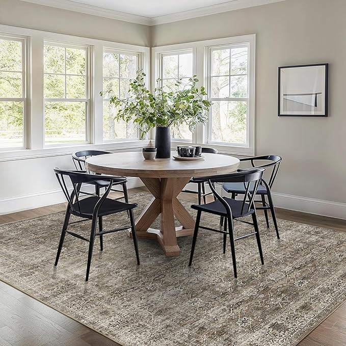 6x9 Washable Rug for Living Room Large Vintage Distressed Bedroom Rug Low Pile Non-Slip Soft Boho Carpets for Bedroom Dining Room Home Office Indoor Nursery Antique/Moss