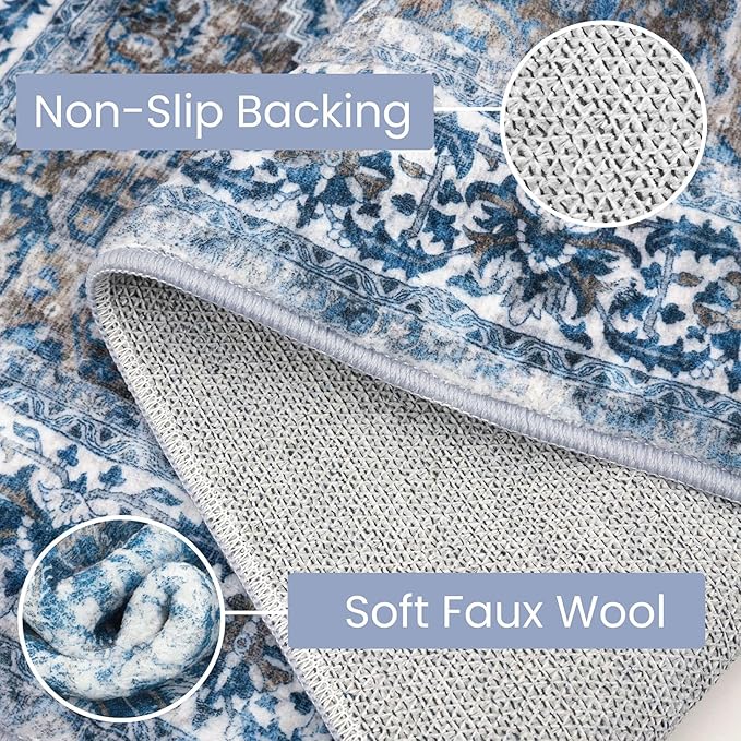 KOZYFLY Runners for Hallways 3x16 Ft Extra Long Washable Kitchen Thin Runner Rug Boho Runner Rug for Entryway Indoor Blue Printed Oriental Faux Wool Stair Floor Carpet Runner for Stair Kitchen Hall