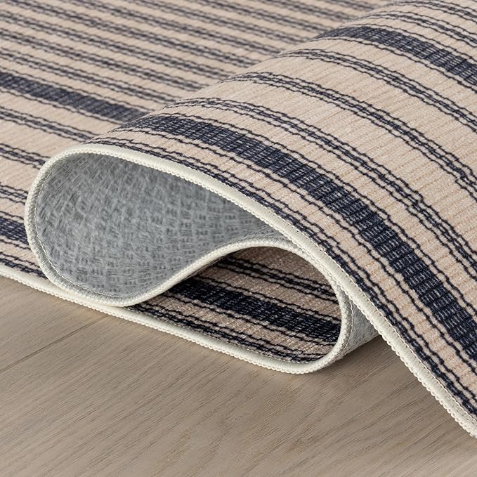 Dash & Albert Axiom Navy Machine Washable Rug, 3 X 5 Feet, Blue/Ivory Stripe Pattern