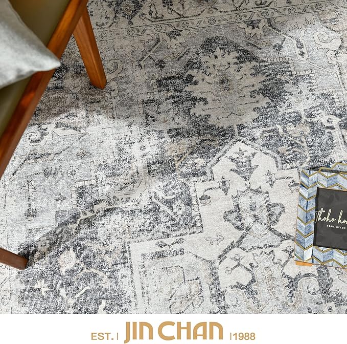 jinchan Kelda Area Rug 2x7 Runner Rug for Hallway Indoor Vintage Distressed Carpet Grey Multi Printed Floorcover Gray Chenille Accent Rug Non Slip for Kitchen Living Room Bedroom Dining Room