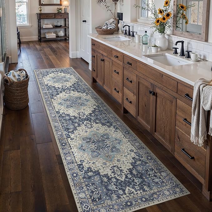 2'6''x10 Runner Rugs for Hallway, Machine Washable Non Slip Vintage Rugs, Low Pile Lightweight Soft Print Rug for enrtyway, Corridor, Home Office, Kitchen, Center Blue