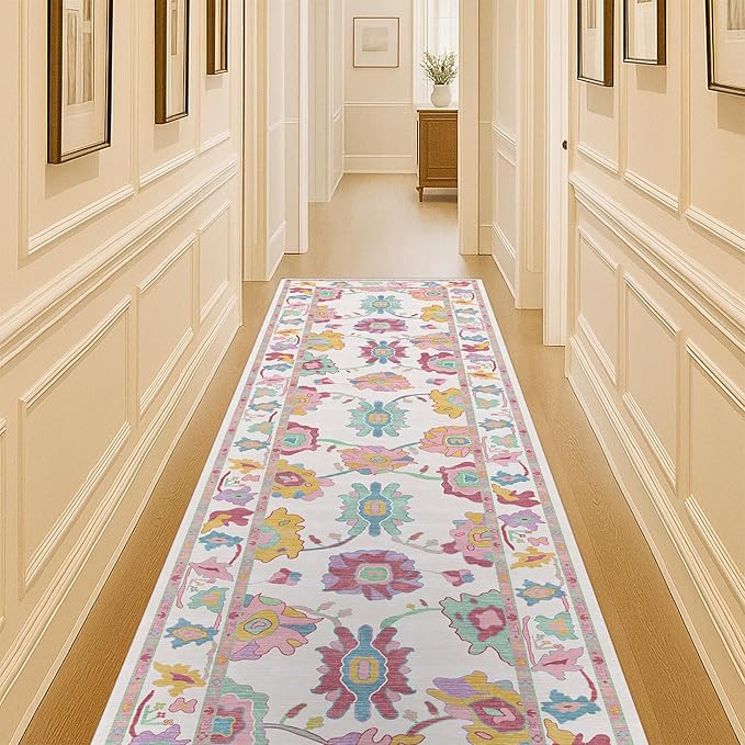 Fame Living Pink Oushak Rug, Modern Rugs, Vintage, Turkish, Eclectic, Floral, Pastel, Washable, Small Throw, Accent Area Rug for Living Room, Bedroom, Kitchen, Bathroom, 2'5"x4'9"