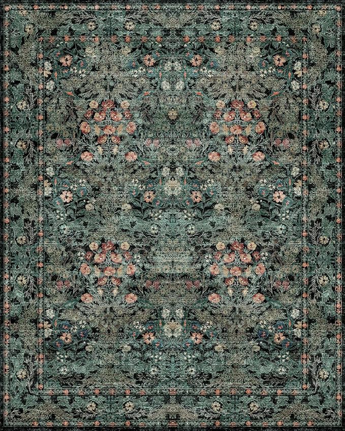 Farmhouse 9x12 Dark Green Floral Living Room Area Rugs, Large Washable Vintage Distressed Rug for Bedroom, Dining Room Under Table, Moody Low Pile Non-Slip Retro Carpet, Soft Boho Art Deco Mat