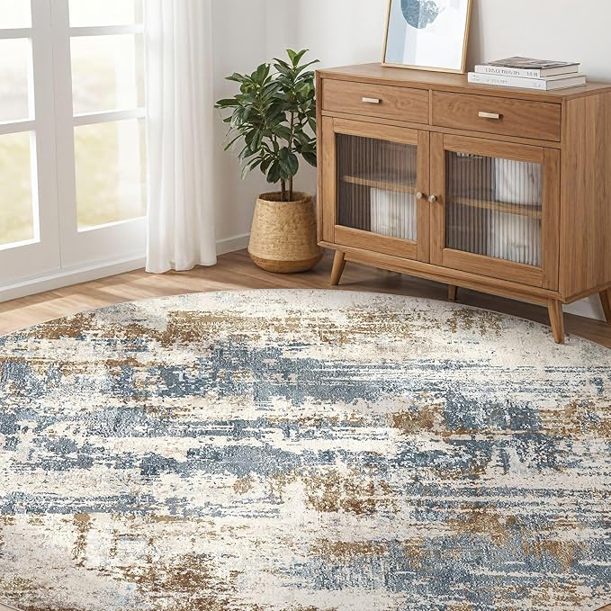 Round Rug Living Room Rugs: 8Ft Washable Circle Large Abstract Modern Soft Stain Resistant Non Slip Indoor Floor Carpet for Bedroom Nursery Office Dining Room Dorm Home House Decor- Tan Blue