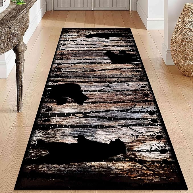 Wildlife Bear Runner Rug, 2.6x7ft, Vintage Wood Grain Wild Animal Black Bear Corridor Carpet, Non-Slip Washable Long Runner Rug for Farmhouse, American Country Wood Floor Entrance Rug Door Mat