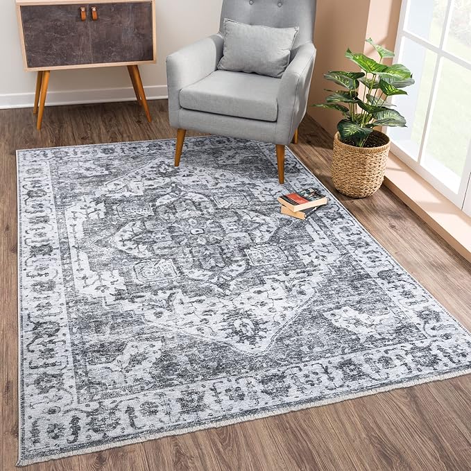 Bloom Rugs Caria Washable Non-Slip 8x10 Rug - Silver/Dark Gray Traditional Area Rug for Living Room, Bedroom, Dining Room, and Kitchen - Exact Size: 7'8" x 10'