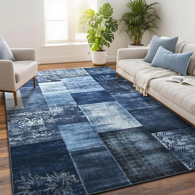 Tepook Modern Area Rug for Living Room, 5x7 Geometric Large Rugs for Bedroom, Washable Patchwork Rug Indoor Non-Slip Throw Carpets for Dining Room Office Farmhouse Home Decor, Blue