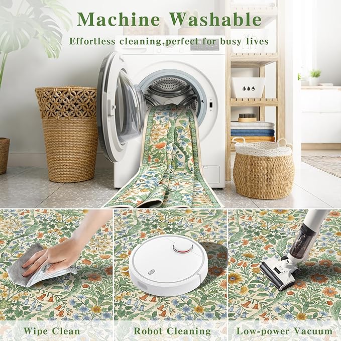 Floral 2x3 Entryway Rug,Washable Front Door Mat Indoor Non Slip Low Pile Small Carpet, Soft Grass Green Boho Botanical Throw Rug for Bathroom Bedroom Kitchen Laundry Indoor Entrance