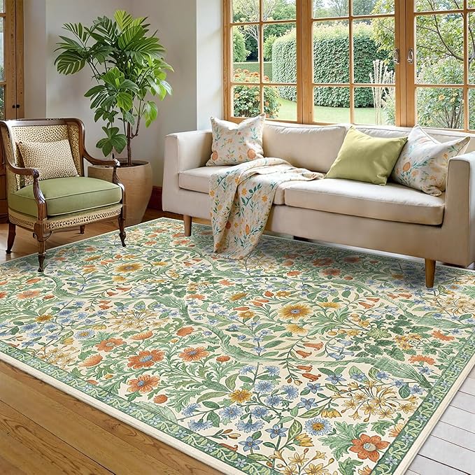 5×7 Grass Green Washable Floral Area Rug,Vintage Boho Soft Low-Pile Living Room Rugs, Stain Resistant Botanical Non-Slip Carpet for Bedroom,Dining Room, Kids Nursery,Home Decor