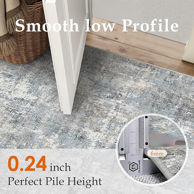 Machine Washable Area Rug 6x9 Grey Large Living Room Indoor Accent Rug Neutral Modern Abstract Low Pile Carpet Non Slip Distressed Throw Rug Bedroom Office Dining Room