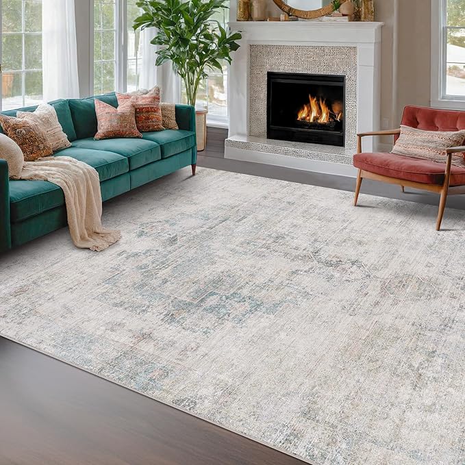 Farmhouse Dining Room Rugs for Under Table - 8x10 Washable Light Blue Area Rug for Living Room, Bedroom, Waterproof & Stain Resistance