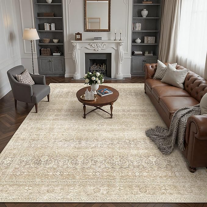 HUGEAR 8x10 Washable Area Rug Beige Vintage Neutral Living Room Rug Large Soft Non Slip Distressed Carpet Low Pile Pet Friendly for Bedroom Dining Room