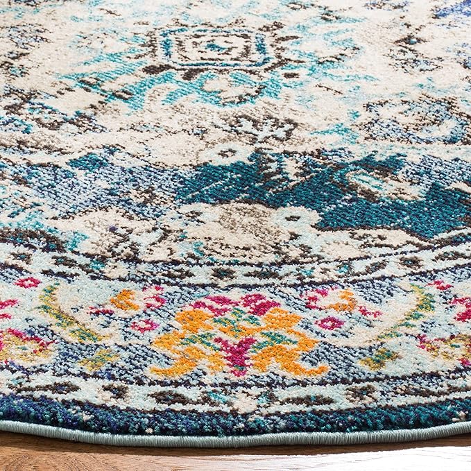 SAFAVIEH Monaco Collection Area Rug - 8'8" Round, Navy & Light Blue, Boho Chic Medallion Distressed Design, Non-Shedding & Easy Care, Ideal for High Traffic Areas in Living Room, Bedroom (MNC243N)