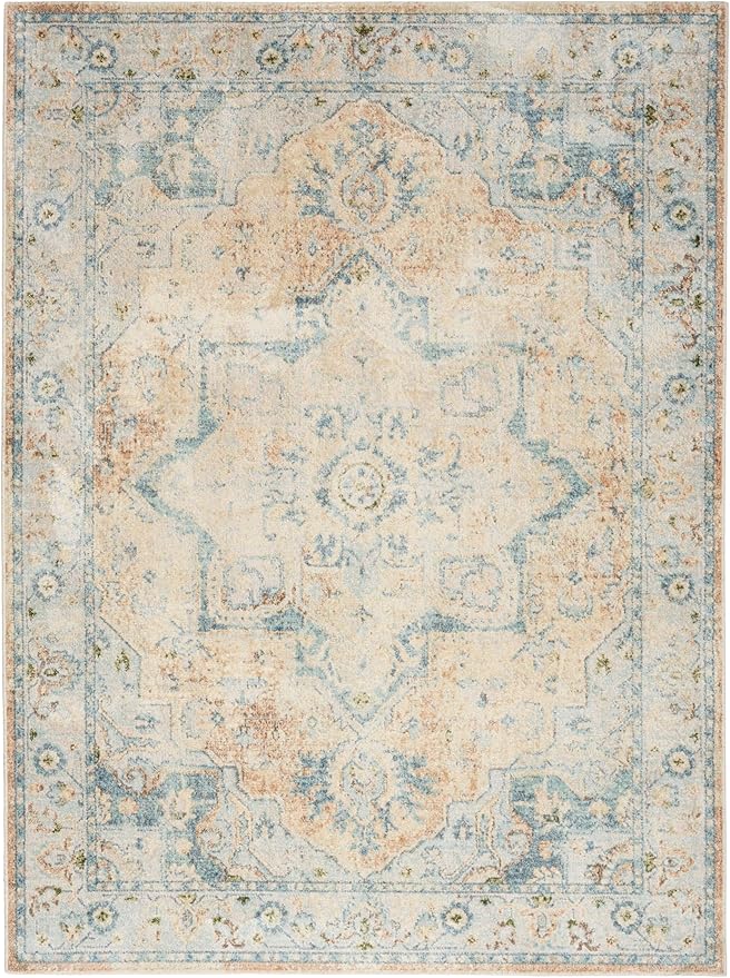 Nourison Home Astra Machine Washable Beige Blue 4' x 6' Area Rug - Easy Clean, Non Shedding, Bed Room, Living Room, Dining Room, Kitchen (4' x 6')