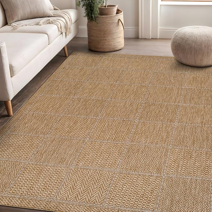 Beverly Rug Easy Jute Checkered Squared Rug 5x7 Washable Durable Indoor Outdoor Area Rugs for Living Dining Room Patio Office Stain Resistant Non Shedding Casual Indoor Outside Carpet 5 x 7 Natural