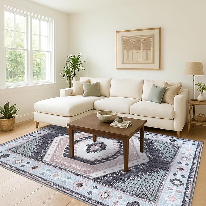 Oushak Rug, Turkish Vintage Floral Pastel Large Oversized Area Rugs for Living Room Dining Bedroom Kitchen Bathroom Nursery Runner Rugs (856BlckGry, 2' x 3')
