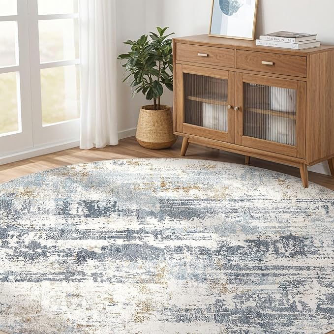 Round Rug Living Room Rugs: 8Ft Washable Circle Large Abstract Modern Soft Stain Resistant Non Slip Indoor Floor Carpet for Bedroom Nursery Office Dining Room Dorm Home House Decor- Light Blue