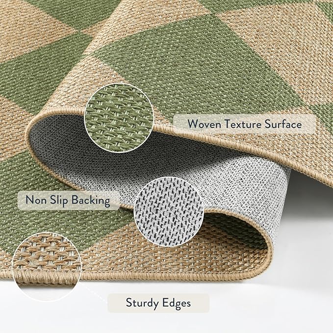 Lahome Checkered Washable Rugs 5x7, Green Area Rug Neutral Large Outdoor Patio Living Room Rug, Farmhouse Non Slip Non Shedding Floor Carpet for Courtyard Camping