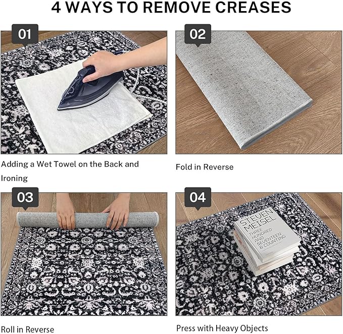 Vintage Entryway Rug 2x3 Washable, Black and White Kitchen Rug, Super Soft Thin Faux Wool Small Area Rug, Non-Slip Accent Mat for Foyer, Bedroom, Office