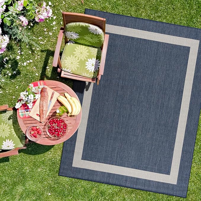 CAMILSON Outdoor Rug 5x7, Modern Outside Rugs for Patios Porches Waterproof Durable Washable Non-Shedding, Easy-to-Clean Indoor Outdoor Area Carpet (5 x 7, Bordered - Blue/White)