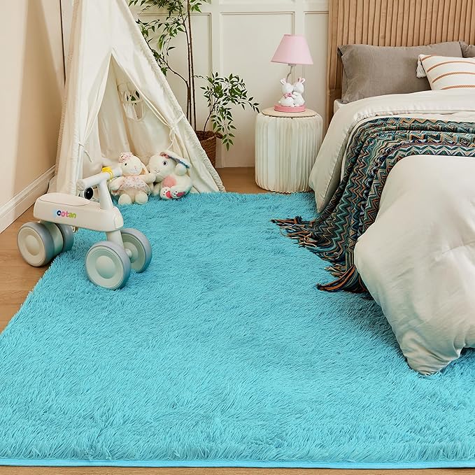 Andency 8x10 Area Rugs for Living Room, Blue Non-Slip Fluffy Soft Large Shag Bedroom Carpet, Big Indoor Thick Nursery Rug for Kids Dorm Home Decor Aesthetic
