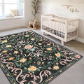 Black Rug Bow Floral Rug for Girls, 5x7 Washable Area Rugs for Bedroom Living Room, Kitchen,Dining Room,Kids Room,Playroom, Cute Ultra-Thin Non Slip Low Pile Indoor Carpet