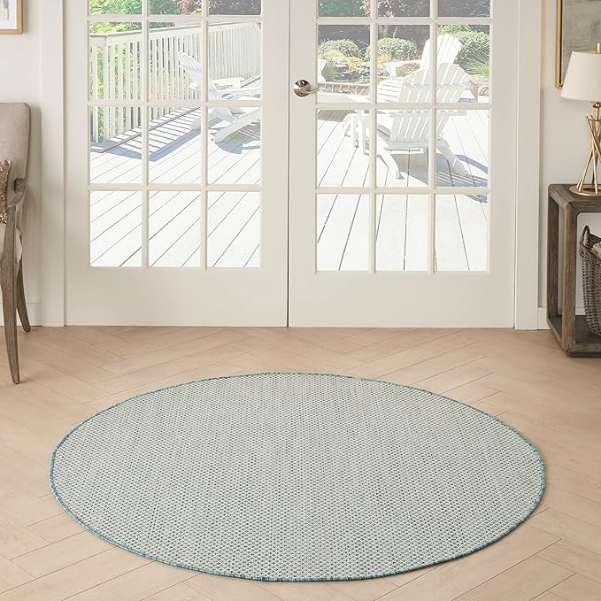 Nourison Home Courtyard Ivory Aqua 4' x Round Area Rug - Easy Clean, Non Shedding, Bed Room, Living Room, Dining Room, Kitchen (4' x Round)