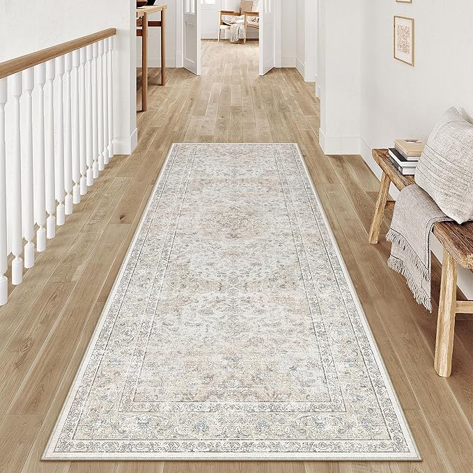 2x6 Washable Vintage Runner Rug for Living Room Bedroom Beige Grey Soft Tranditional Non Slip Runner Rug Lightweight Floral Low Pile Distressed Runner Kitchen Hallway Bedroom