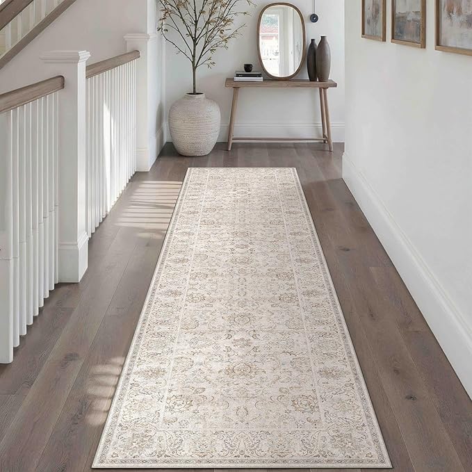 HUGEAR 2x8 Machine Washable Hallway Runner Rugs Vintage Grey - Neutral Non Slip Stain Resistant Low Pile Aesthetic Throw Carpet Kids & Pet Friendly for Bedroom Kitchen Entryway
