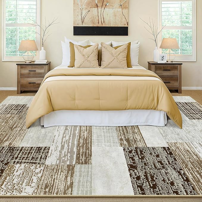 Large Area Rugs,Modern Geometric Patchwork Floor Decor for Bedroom Aesthetic Carpet, Rockwood Collection, Indoor Rugs for Living Room, Dining Room, Nursery, Office, Machine Washable Rug,6x9 Ft Beige