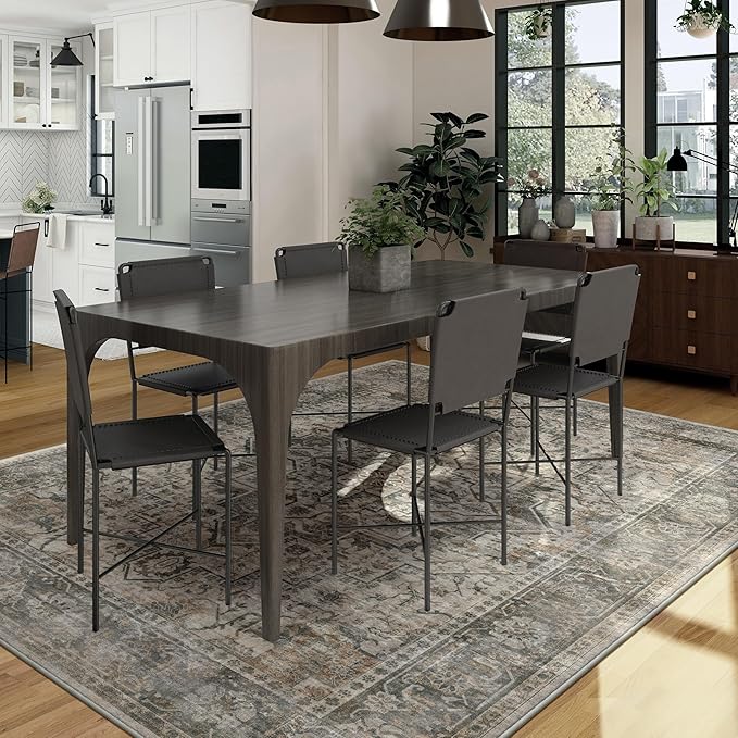 5x7 Machine Washable Area Rug for Living Room, Grey Rusty Boho Vintage Floral Rug Large Non-Slip Low Pile Soft Faux Wool Carpet, Kids and Pets Friendly for Bedroom Dining Room Farmhouse Decor Rug